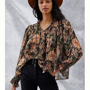 Anthropologie Othilia Evangeline Pintucked Blouse Women SZ Medium Silk Boho Chic